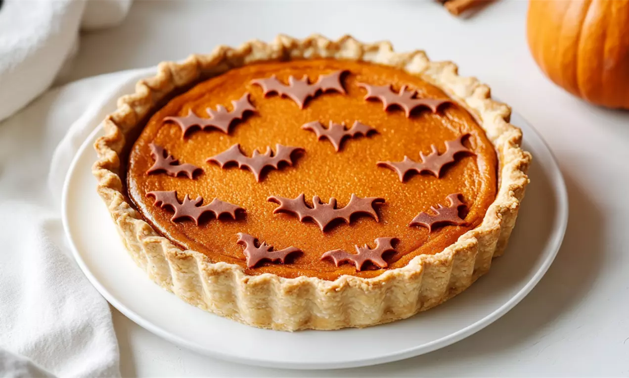 Torta redonda com borda dourada ondulada, recheio laranja uniforme e textura lisa, decorada com morcegos de chocolate sobre prato branco