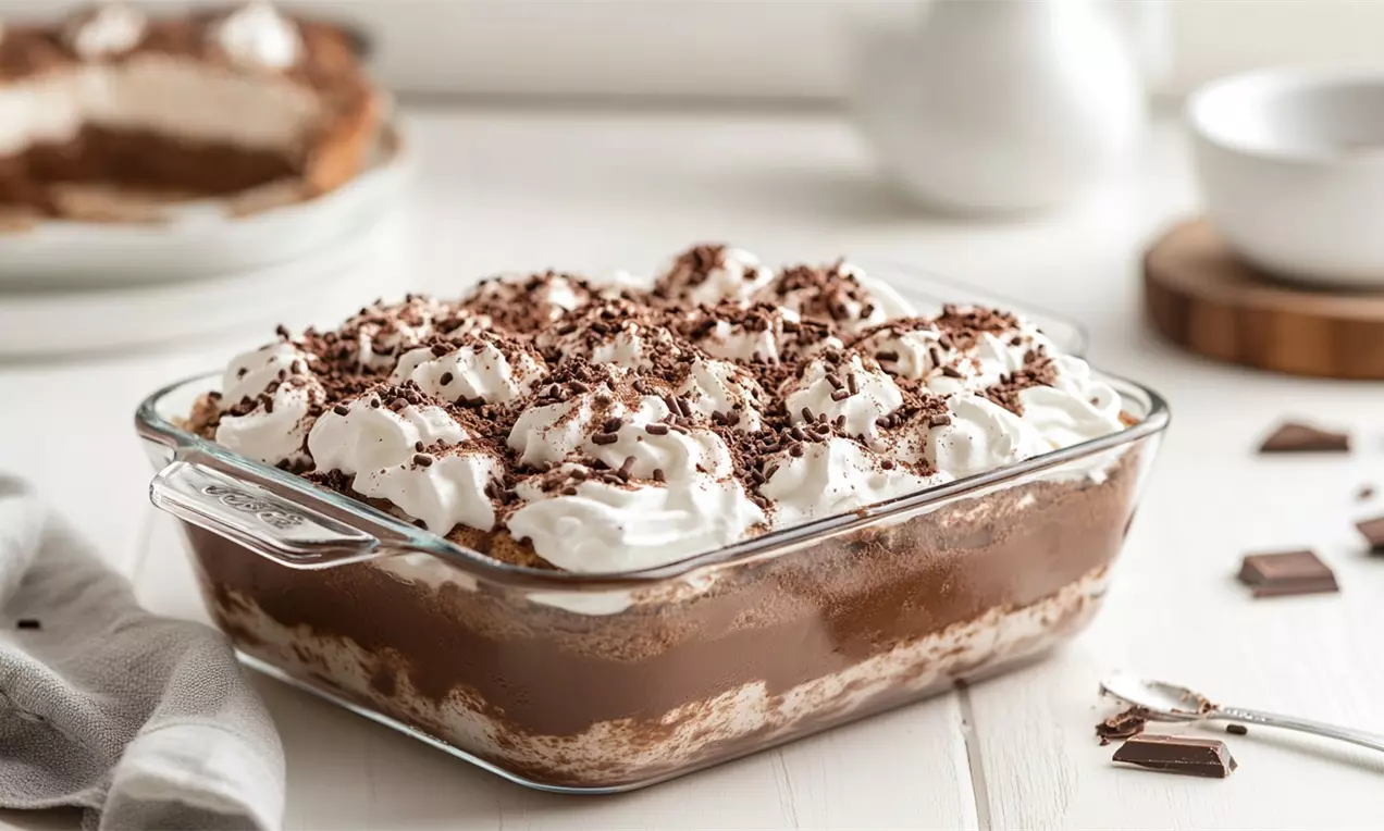 Camadas intercaladas de creme branco e chocolate marrom brilhoso, cobertas com chantilly e raspas de chocolate em uma travessa de vidro