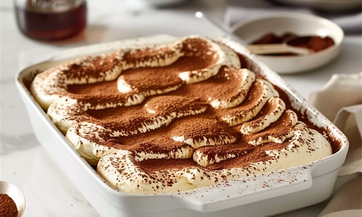 Camadas de creme claro suavemente onduladas, polvilhadas com cacau em pó marrom, dispostas em travessa branca sobre mesa com utensílios ao redor