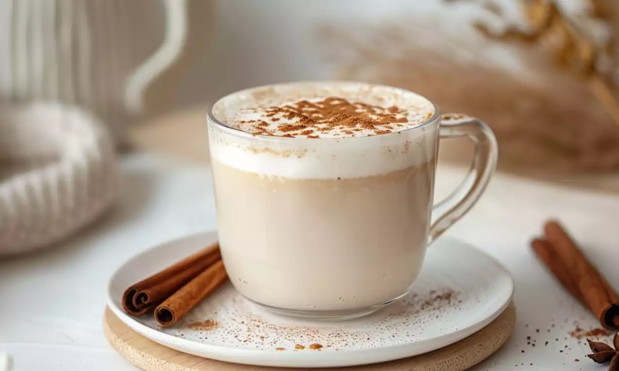 Chá cremoso bege com espuma branca coberta por pó de canela em xícara transparente sobre prato com canelas em bastão e decoração discreta