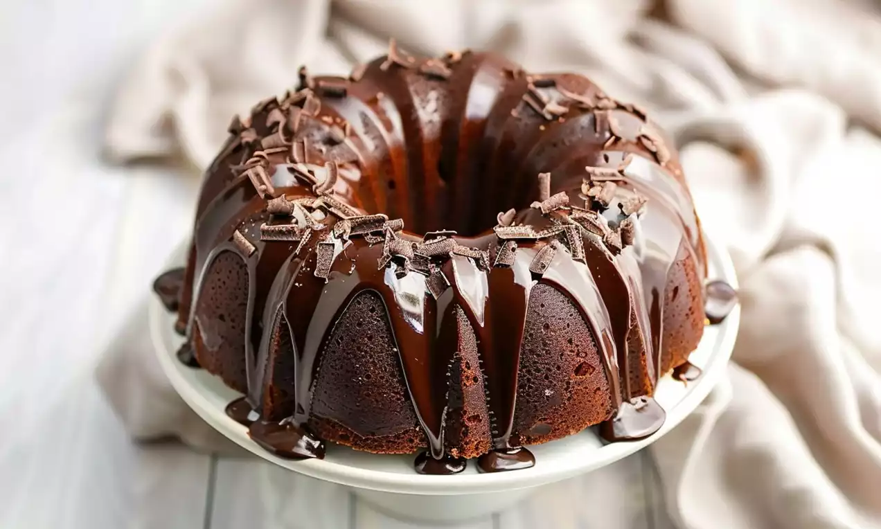Bolo de chocolate com cobertura brilhante de ganache, fatia servida em prato branco, raspas de chocolate e morangos vermelhos