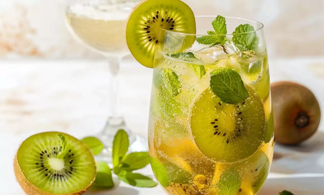 Coquetel dourado translúcido com fatias verdes de kiwi, folhas de hortelã e gelo em um copo transparente, decorado com kiwi na borda