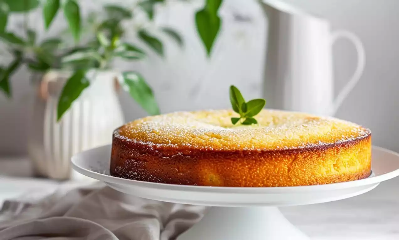 Bolo de fubá cremoso dourado com textura macia, cobertura de açúcar de confeiteiro e decoração com folhas verdes sobre prato branco