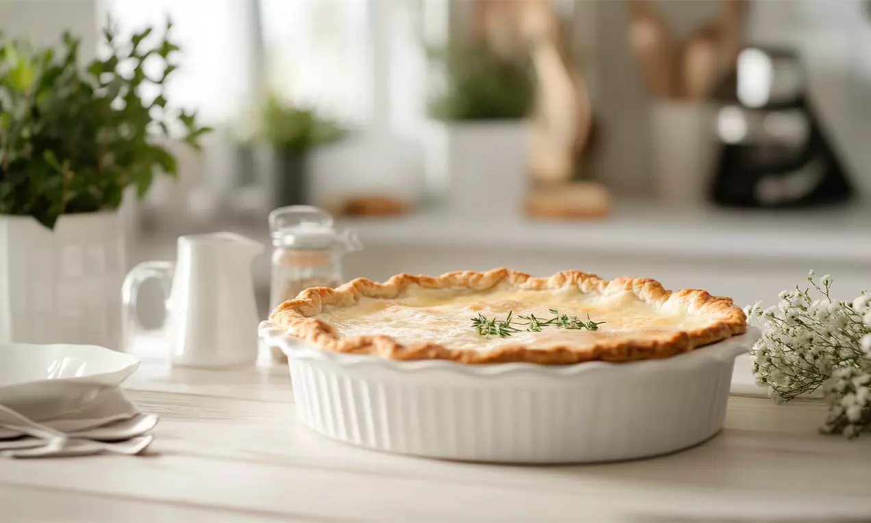 Torta dourada com bordas onduladas e crocantes, recheio cremoso decorado com ramos de tomilho em forma redonda sobre prato branco