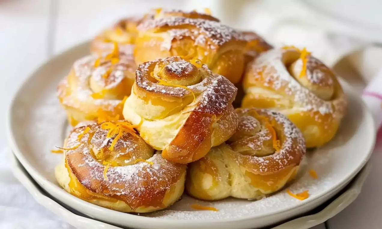 Pães doces dourados e brilhantes com calda de laranja, textura macia e cobertura de lascas de amêndoas em prato branco sobre mesa clara