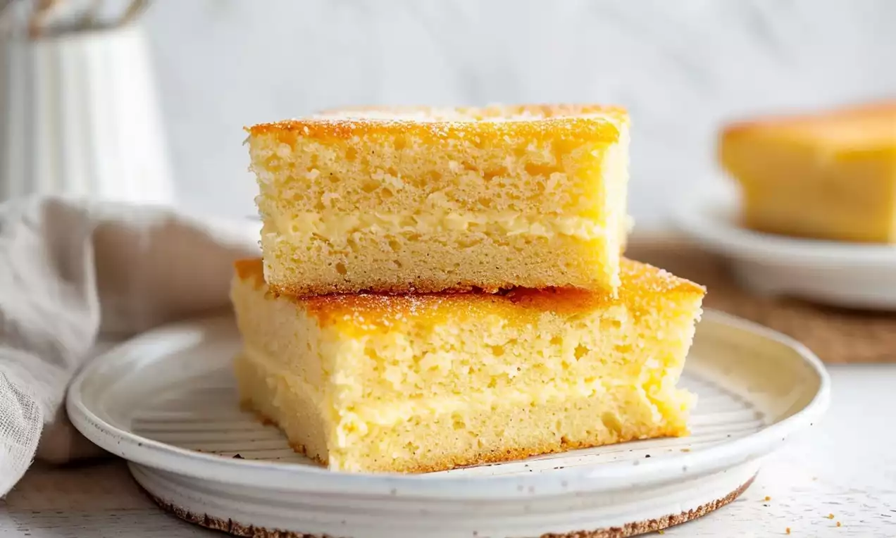 Fatias de bolo de fubá amarelo claro com textura macia e levemente aerada, empilhadas em um prato branco com borda desgastada