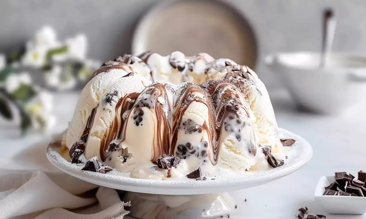Bolo gelado com camadas de sorvete e massa fofa, cobertura de chocolate derretido e raspas brancas, servido em fatia sobre prato branco