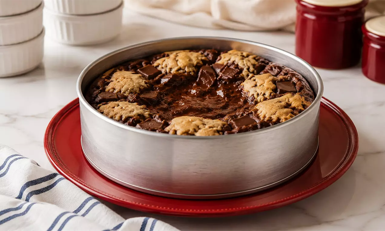 Brookie macio e dourado com interior úmido de brownie e cobertura intercalada de cookie, servido em uma forma prateada sobre prato vermelho