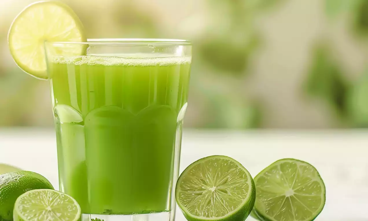 Chá Verde Detox em copo de vidro com líquido verde-claro, rodelas de limão, folhas de hortelã e colher de pau sobre tábua