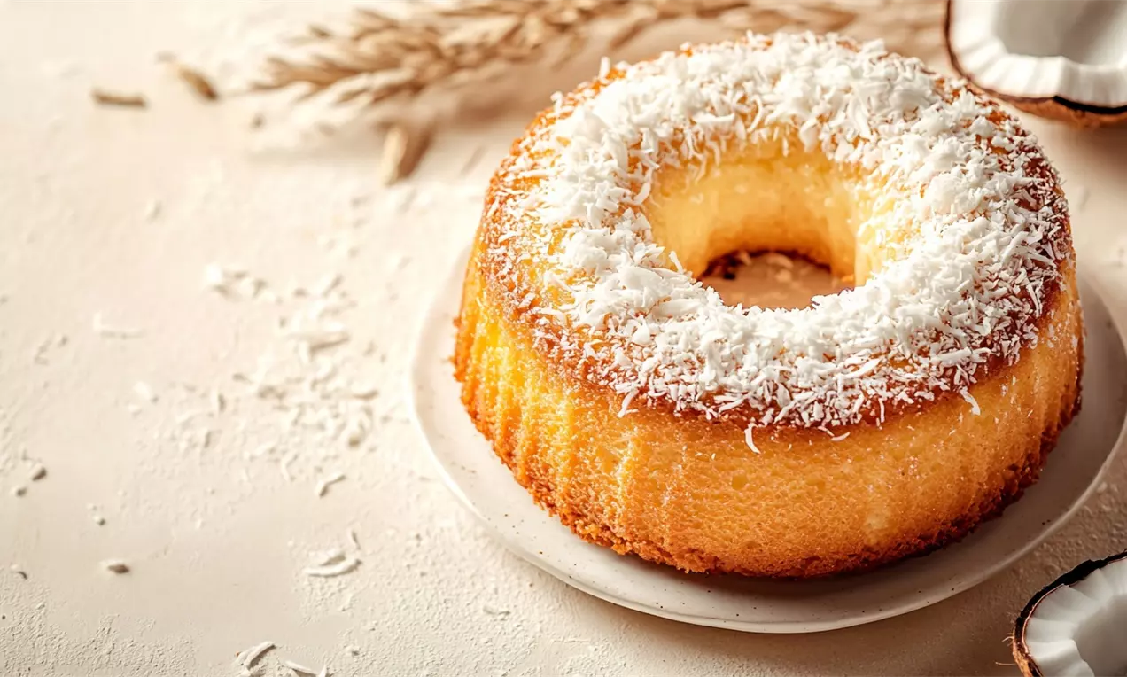 Bolo amarelo com textura macia e dourada, em formato de anel, coberto por lascas de coco branco e servido sobre um prato claro