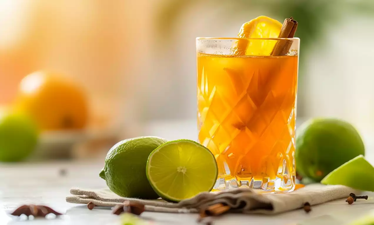 Chá mate âmbar em copo lapidado com fatia de laranja e canela, ao lado de limões frescos e cravos sobre tecido bege