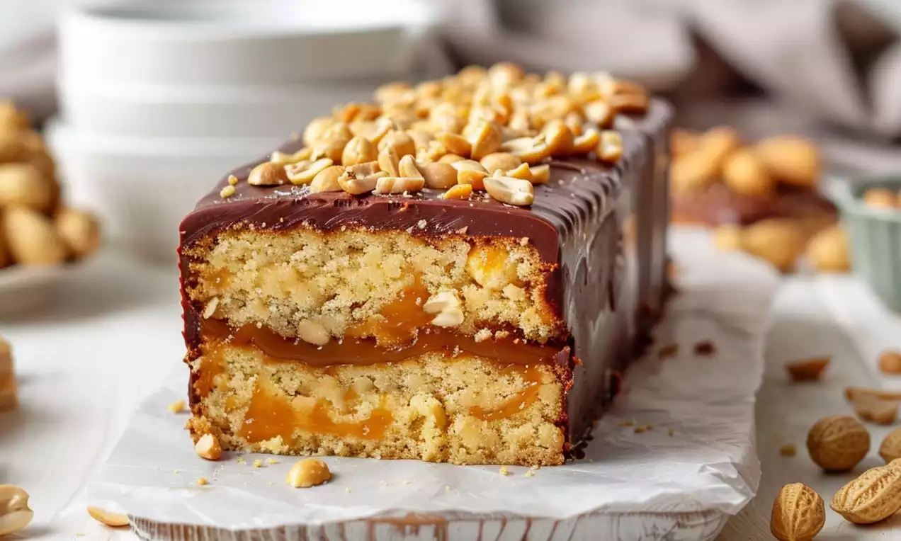 Bolo retangular com camadas de massa dourada, recheio de caramelo laranja, cobertura de chocolate brilhante e amendoins inteiros por cima