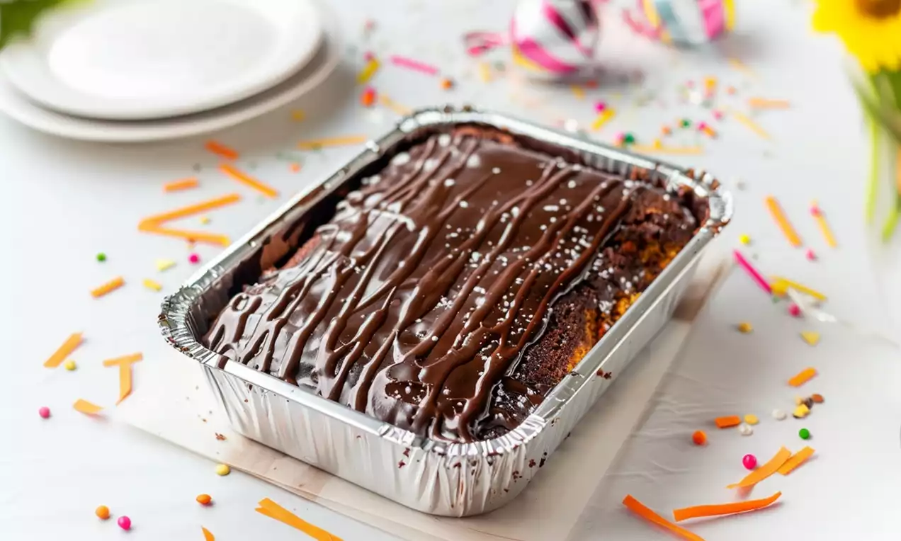 Bolo de cenoura com massa dourada coberta por calda de chocolate brilhante e fios de cobertura branca em marmita de alumínio decorada com confeitos coloridos