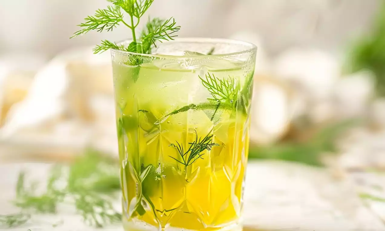 Chá gelado de hortelã e erva-doce em jarra de vidro com cubos de gelo, folhas verdes, rodelas de limão e copo sobre mesa de madeira clara