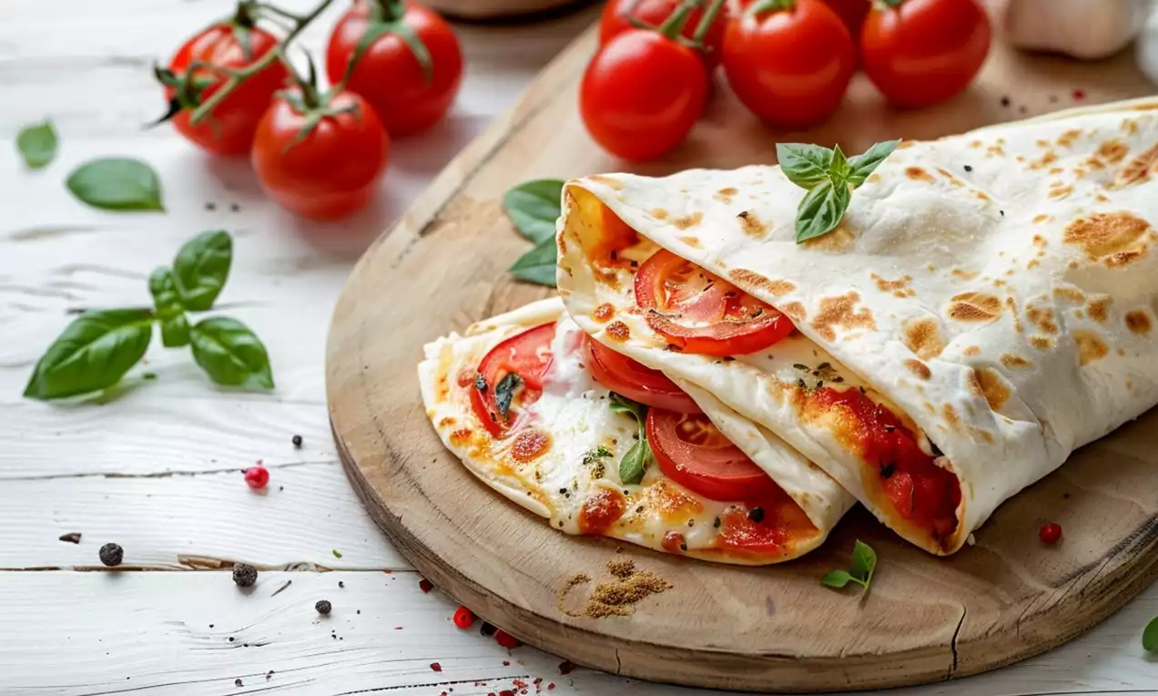 Massa dourada e fina em formato de cone recheada com tomates vermelhos, queijo derretido e manjericão, disposta sobre tábua de madeira