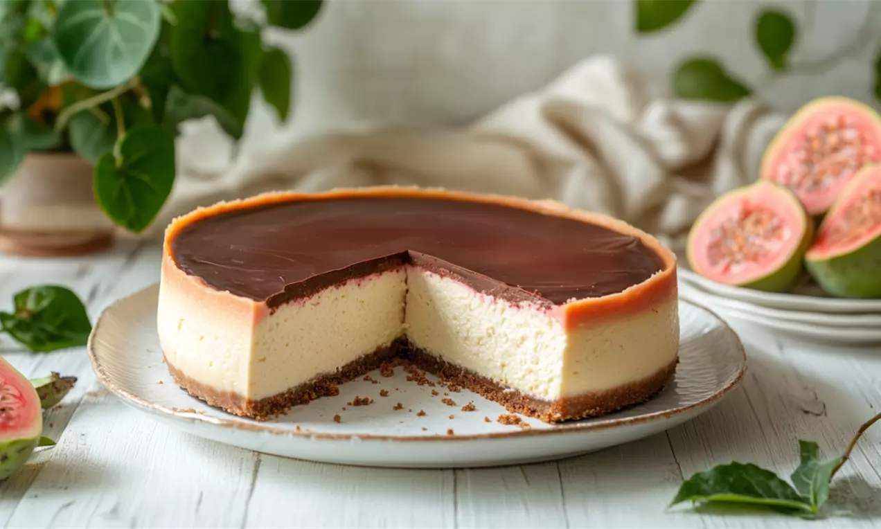 Cheesecake com base de biscoito dourado, recheio cremoso branco, cobertura lisa de goiabada brilhante e fatia cortada em prato claro