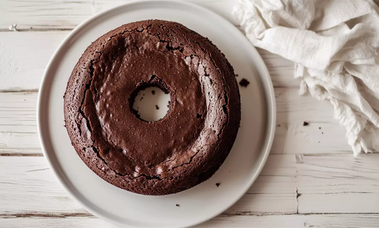 Bolo de chocolate redondo com textura levemente rachada, tom marrom intenso e centro vazado sobre prato branco em superfície de madeira clara