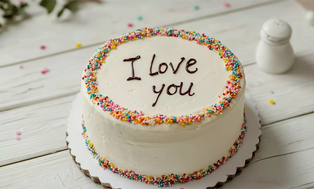Bolo redondo branco com bordas decoradas por confeitos coloridos, mensagem “I love you” escrita em chocolate no topo sobre prato branco