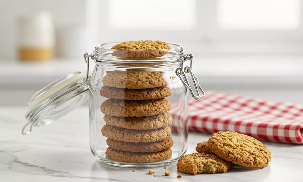 Biscoitos dourados com textura quebradiça empilhados em pote de vidro transparente ao lado de toalha xadrez vermelha sobre balcão branco