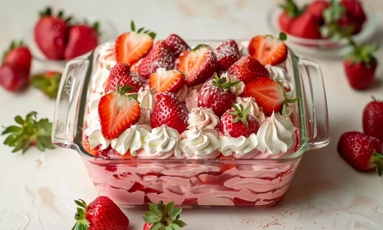 Sobremesa de morango com camadas de gelatina rosa e creme branco, morangos inteiros e hortelã fresca numa taça transparente