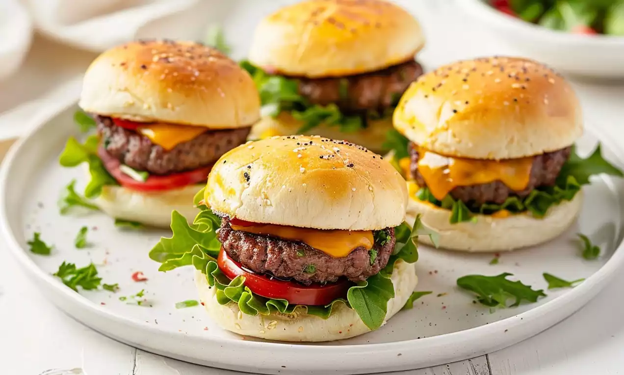 Mini hambúrgueres com pão dourado e sementes, recheados com carne suculenta, queijo derretido, folhas de rúcula e rodelas de tomate em prato branco