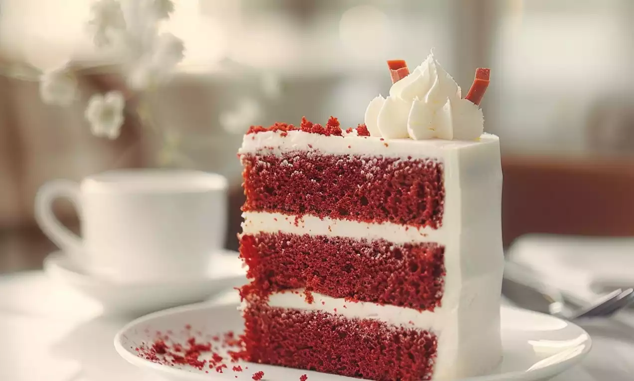 Bolo Red Velvet com camadas vermelhas intensas, cobertura cremosa de cream cheese branca, raspas de chocolate e decoração em prato branco