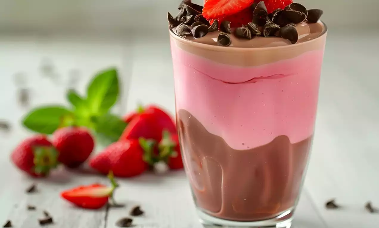 Camadas de creme de chocolate marrom e gelatina rosa em copo transparente decorado com morangos frescos e gotas de chocolate sobre mesa clara