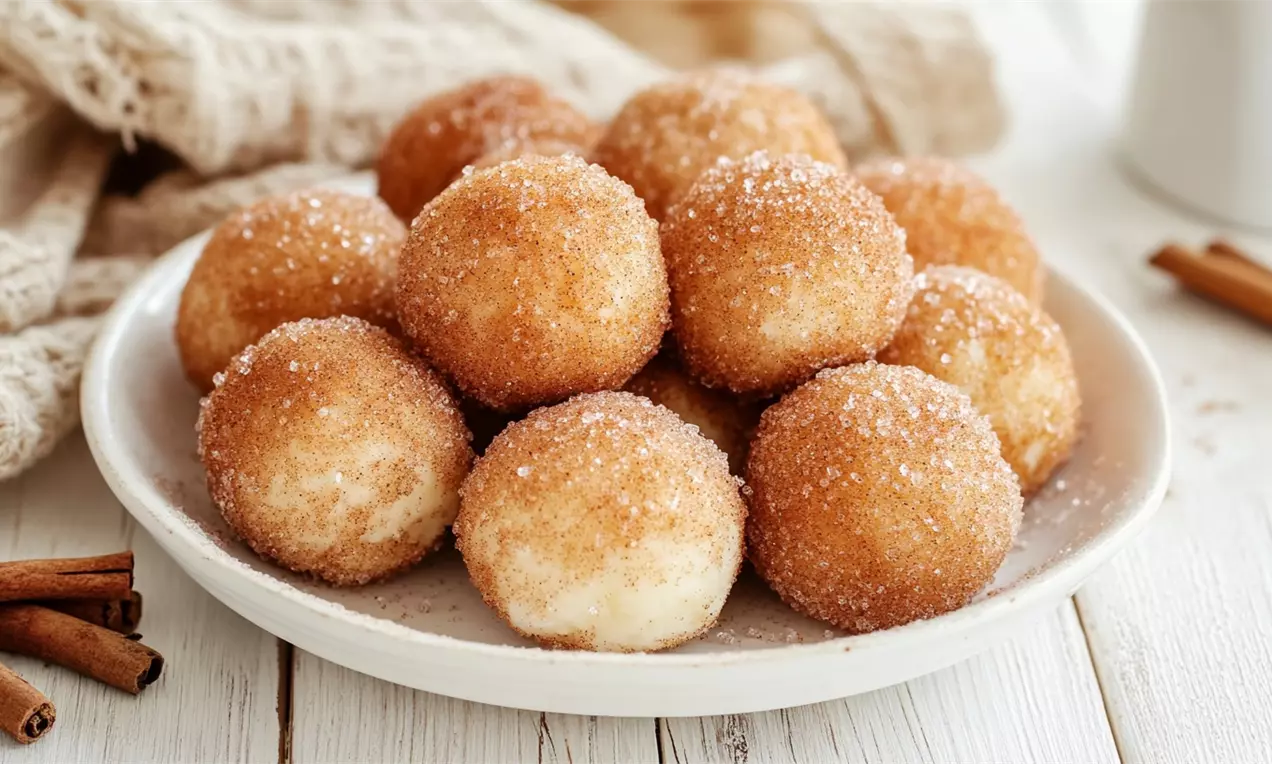 Bolinho de chuva dourados polvilhados com açúcar e canela, empilhados num prato branco sobre um pano xadrez