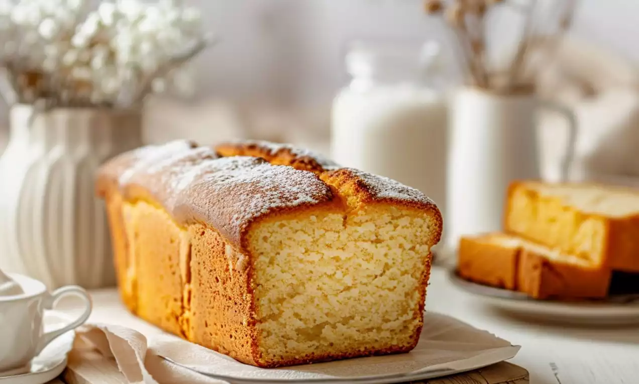 Bolo de iogurte dourado com miolo amarelo-claro, fatia num prato branco, polvilhado com açúcar e decorado com raspas de limão