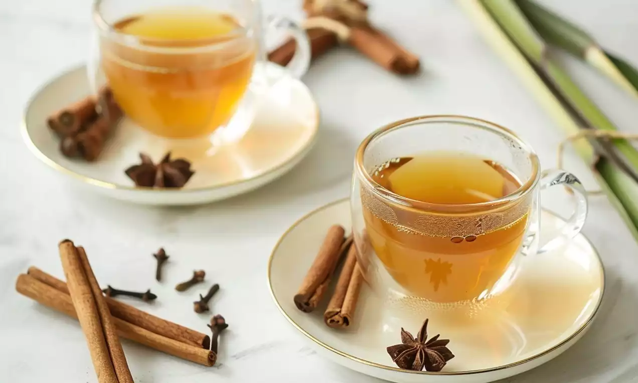 Xícaras de vidro com chá dourado, cercadas por paus de canela, cravos e anis-estrelado, sobre pires delicados em fundo claro