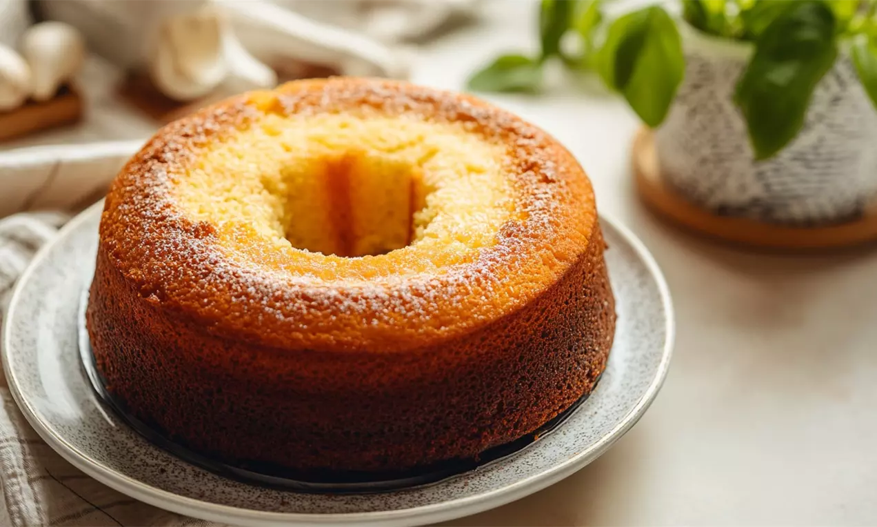Bolo dourado com textura aerada e delicada em formato de anel, servido em prato branco sobre uma mesa decorada com planta verde ao fundo